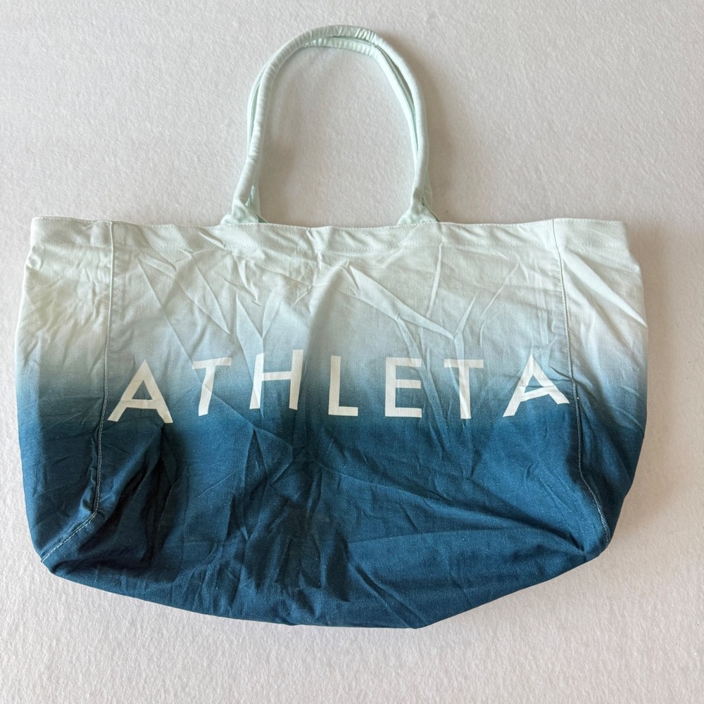 Athleta Tote Bag Womens OS Blue White Ombre Canvas Logo Beach Gym Carryall